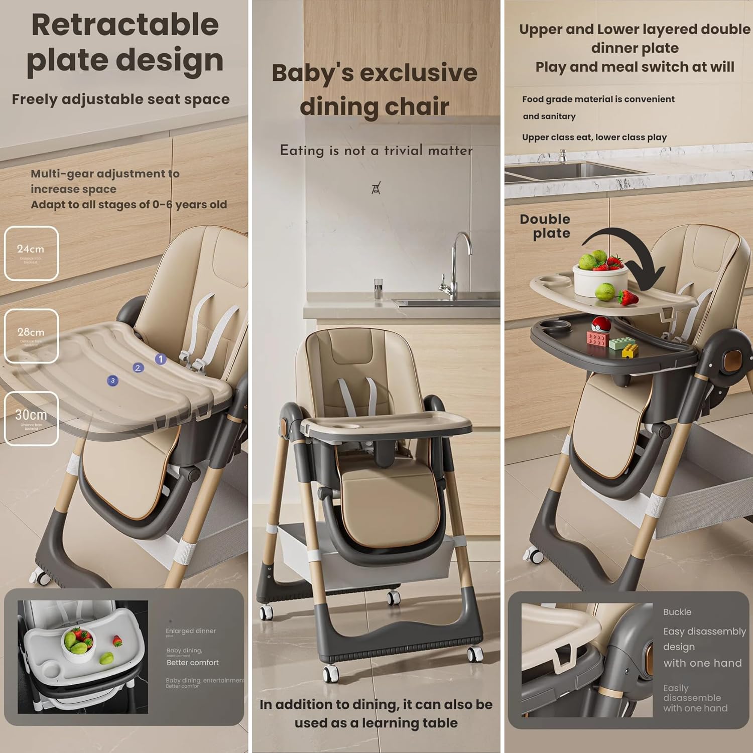 New Multifunctional Baby Highchair with 4 Wheels